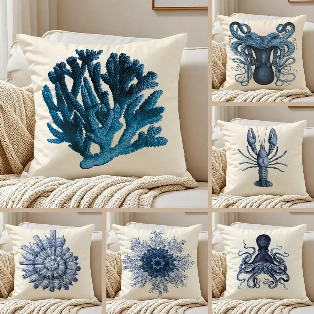 Blue Sea Creature Coral Shrimp Cushion Cover Pillowcase Anti-dustmite Invisible Zipper Short Plush Sofa Cushion