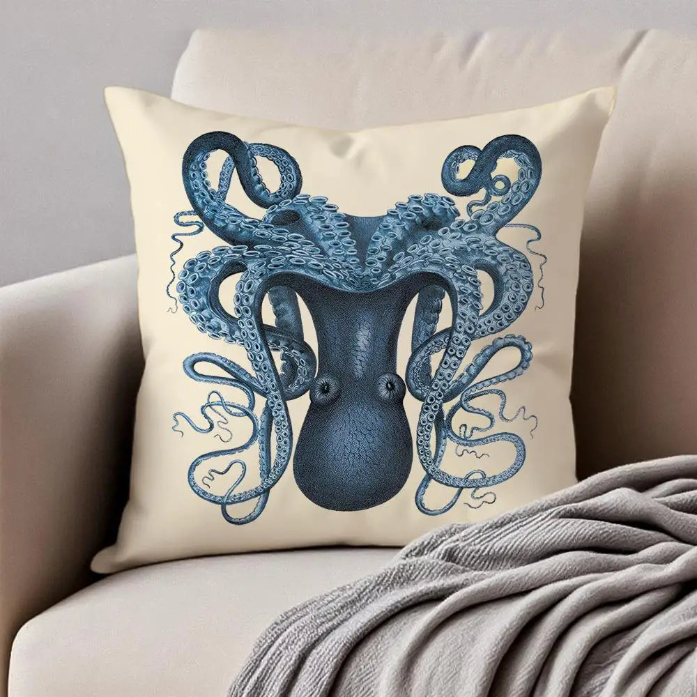 Blue Sea Creature Coral Shrimp Cushion Cover Pillowcase Anti-dustmite Invisible Zipper Short Plush Sofa Cushion