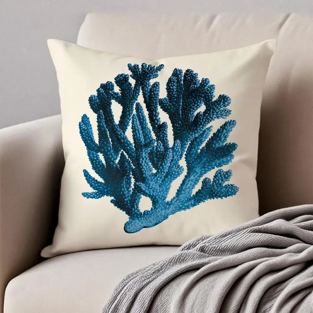 Blue Sea Creature Coral Shrimp Cushion Cover Pillowcase Anti-dustmite Invisible Zipper Short Plush Sofa Cushion