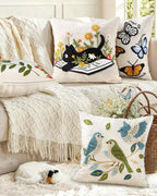 Double-Sided Pillow Cover Summer Animal Cat Floral Non-Real Embroidery Decorative Cushion Case for Couch Sofa Living Room
