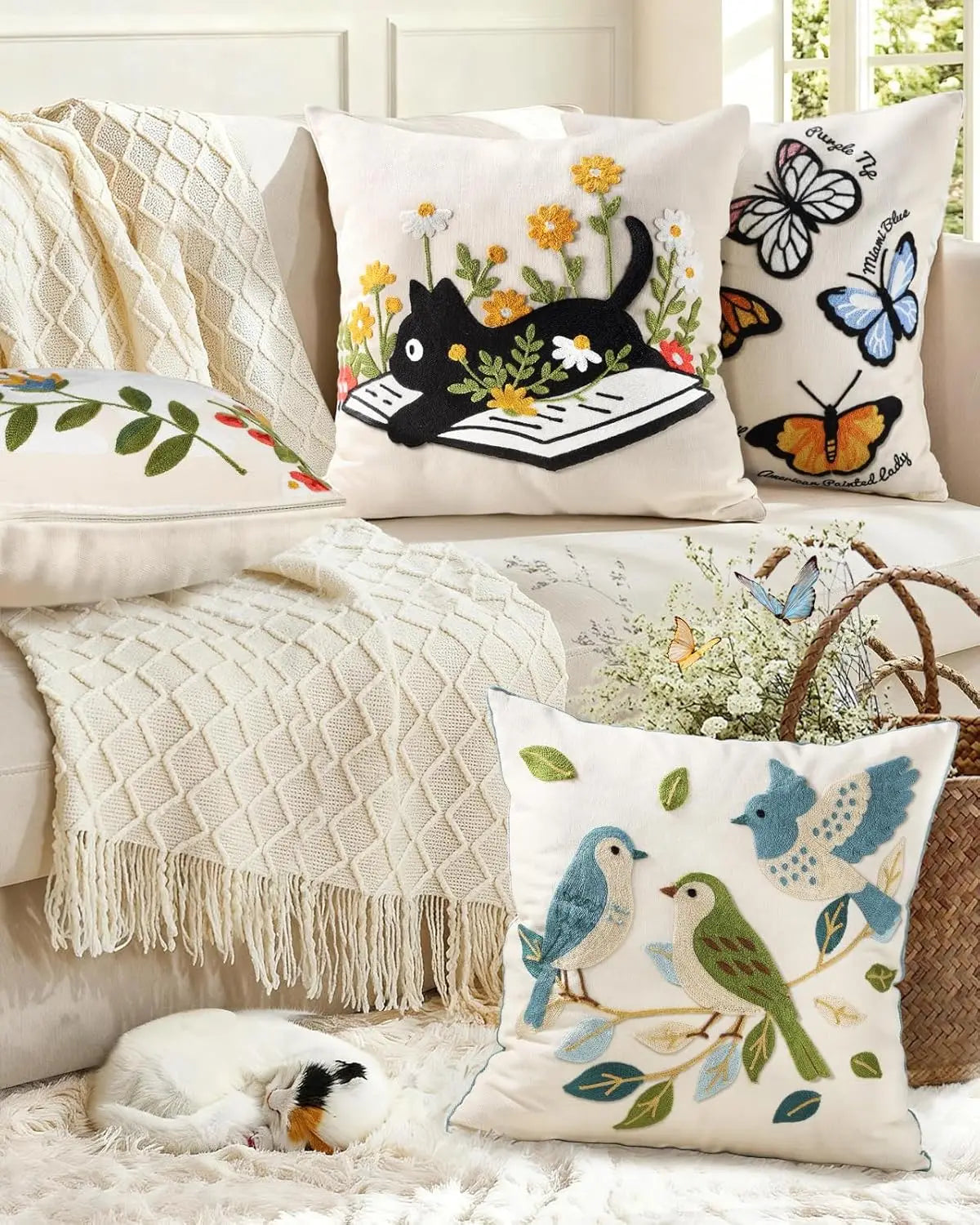 Double-Sided Pillow Cover Summer Animal Cat Floral Non-Real Embroidery Decorative Cushion Case for Couch Sofa Living Room