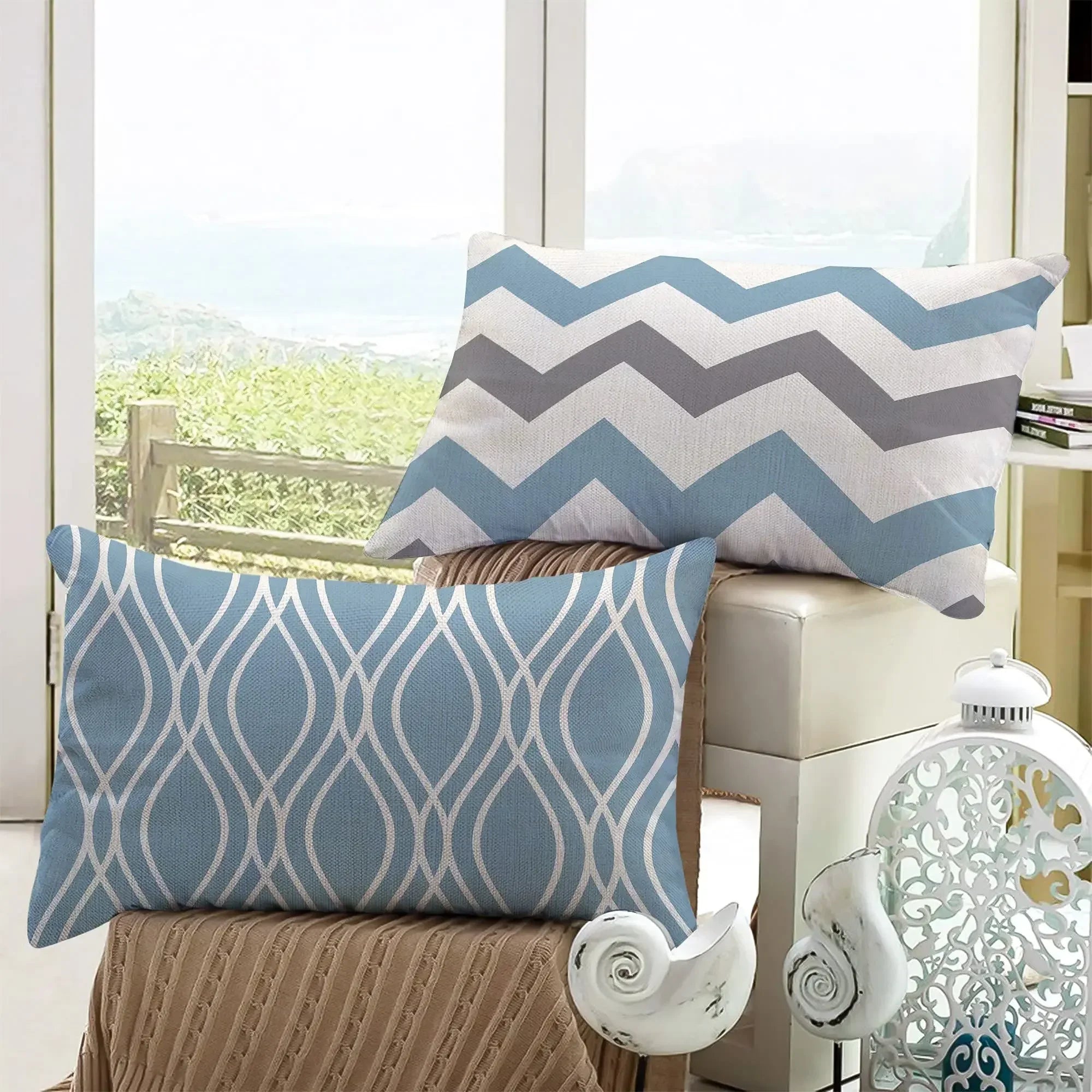 Lake blue white geometric linen pillowcase sofa cushion cover home decoration can be customized for you 30x50 40x60