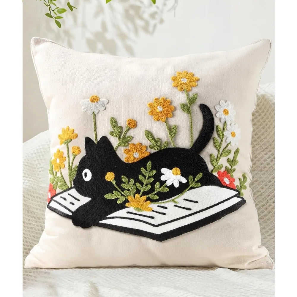 Double-Sided Pillow Cover Summer Animal Cat Floral Non-Real Embroidery Decorative Cushion Case for Couch Sofa Living Room