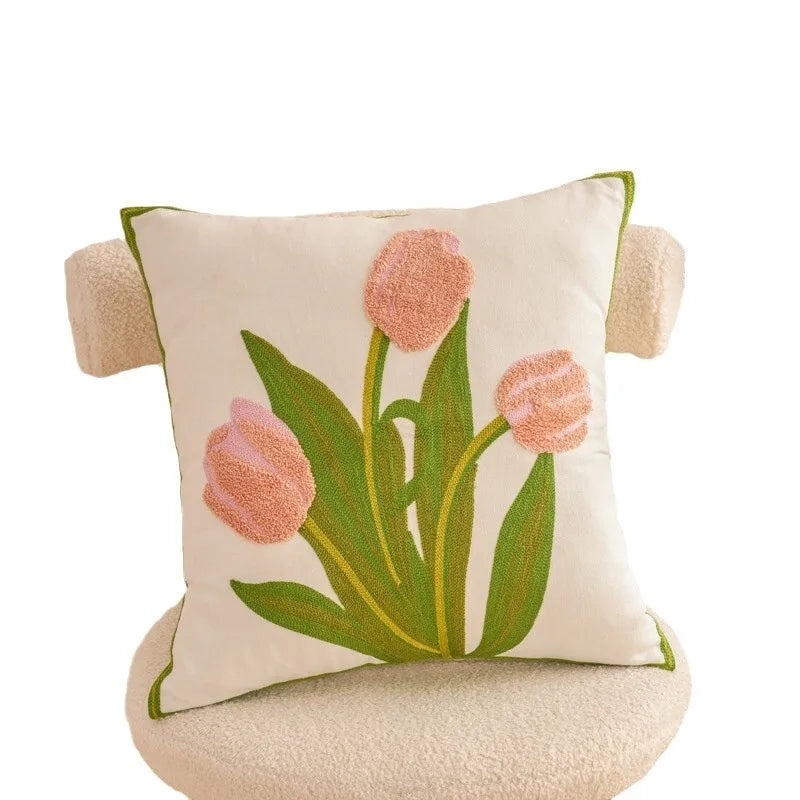Embroidered Cotton Flower Cushion Cover For Home Sofa Bed Throw Pillowcase Living Room Decorative