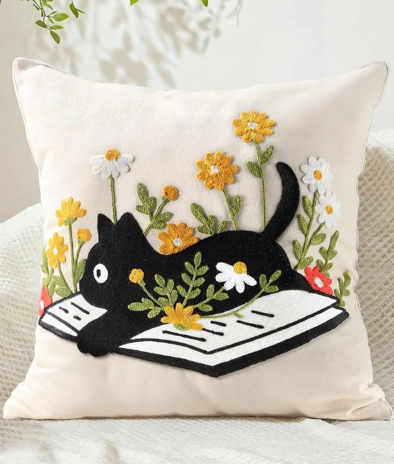 Double-Sided Pillow Cover Summer Animal Cat Floral Non-Real Embroidery Decorative Cushion Case for Couch Sofa Living Room