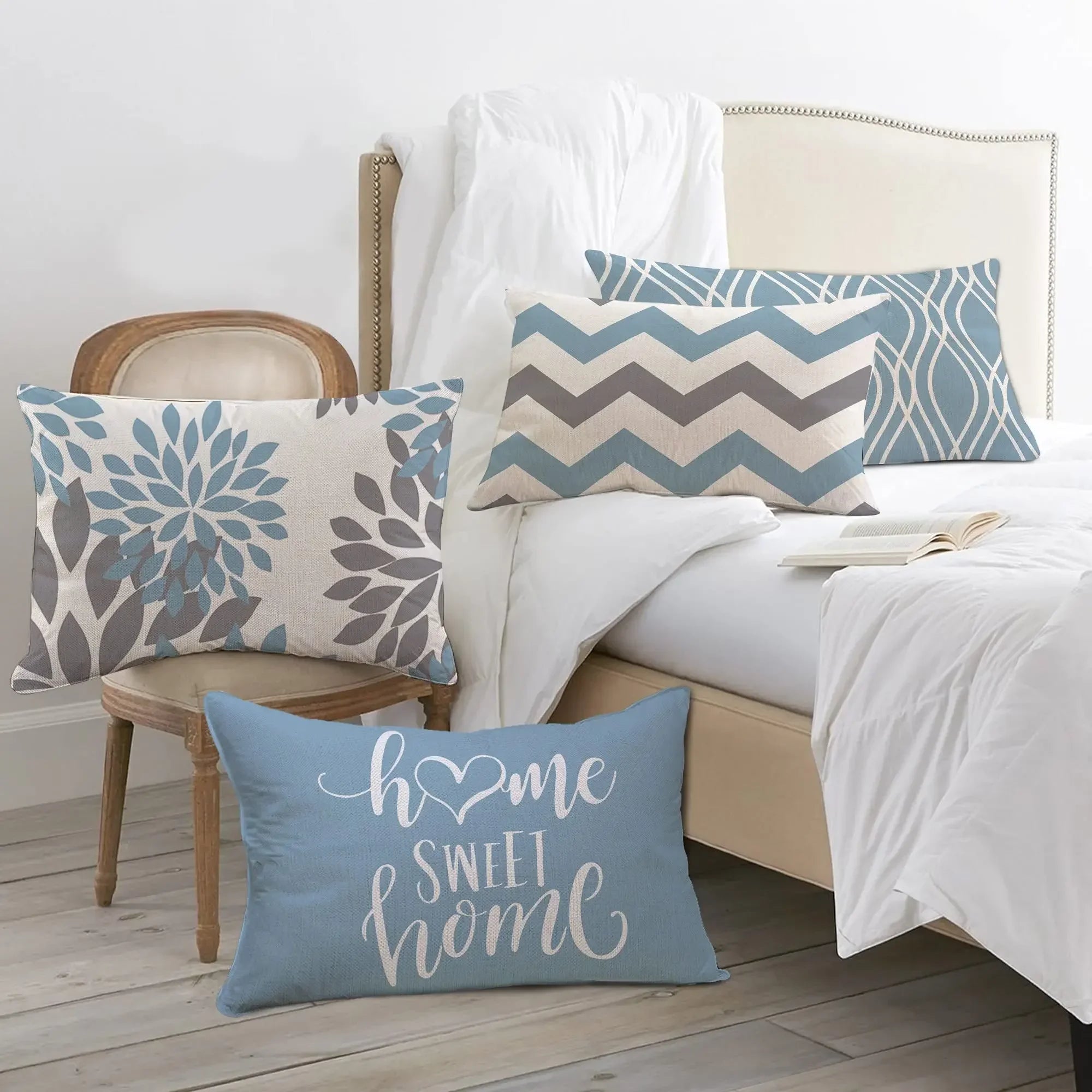 Lake blue white geometric linen pillowcase sofa cushion cover home decoration can be customized for you 30x50 40x60
