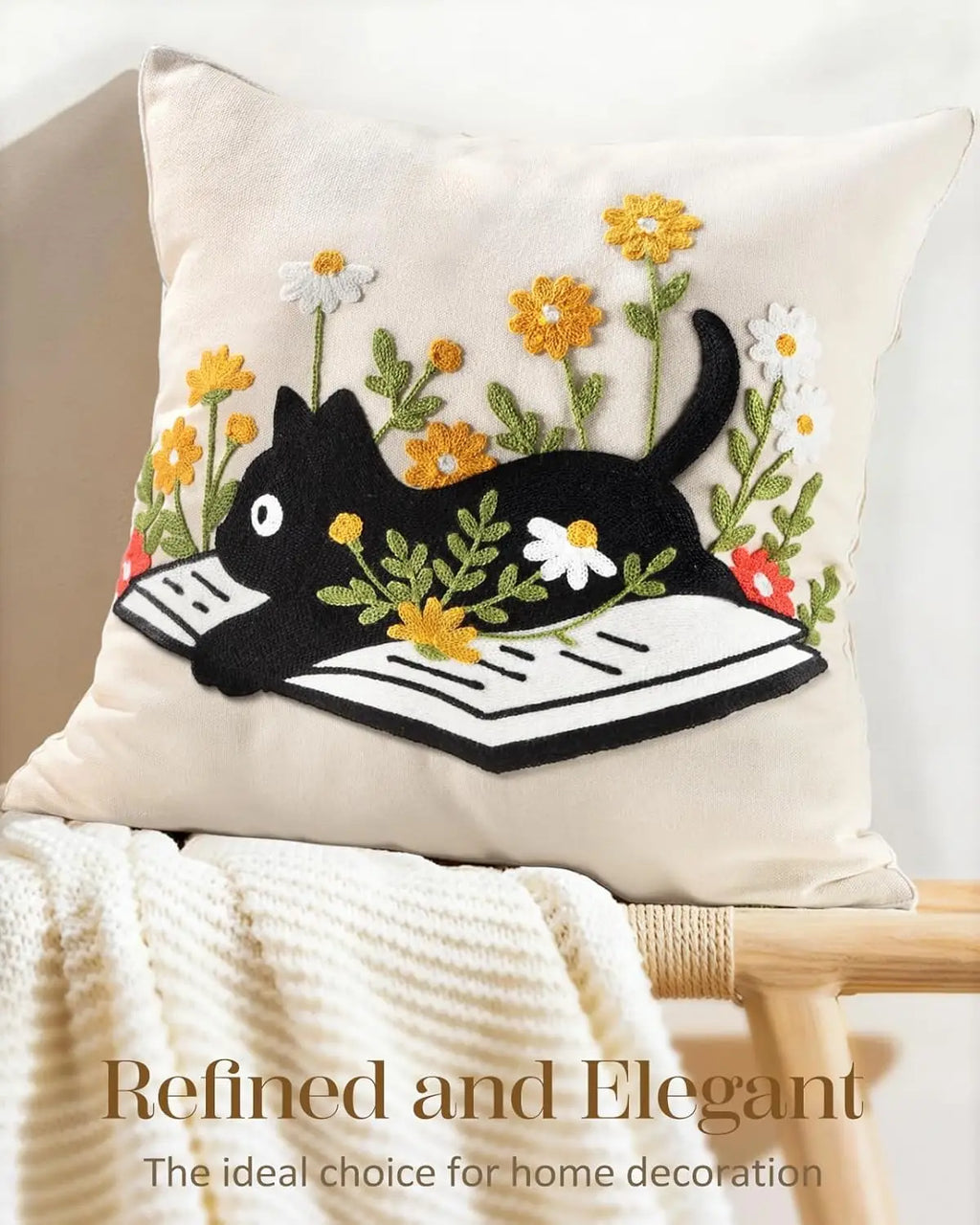 Double-Sided Pillow Cover Summer Animal Cat Floral Non-Real Embroidery Decorative Cushion Case for Couch Sofa Living Room
