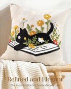 Double-Sided Pillow Cover Summer Animal Cat Floral Non-Real Embroidery Decorative Cushion Case for Couch Sofa Living Room