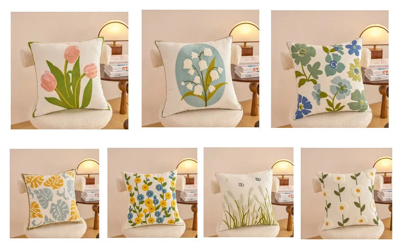 Embroidered Cotton Flower Cushion Cover For Home Sofa Bed Throw Pillowcase Living Room Decorative