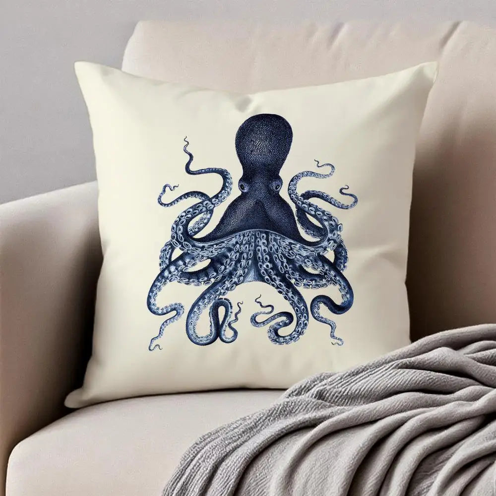 Blue Sea Creature Coral Shrimp Cushion Cover Pillowcase Anti-dustmite Invisible Zipper Short Plush Sofa Cushion
