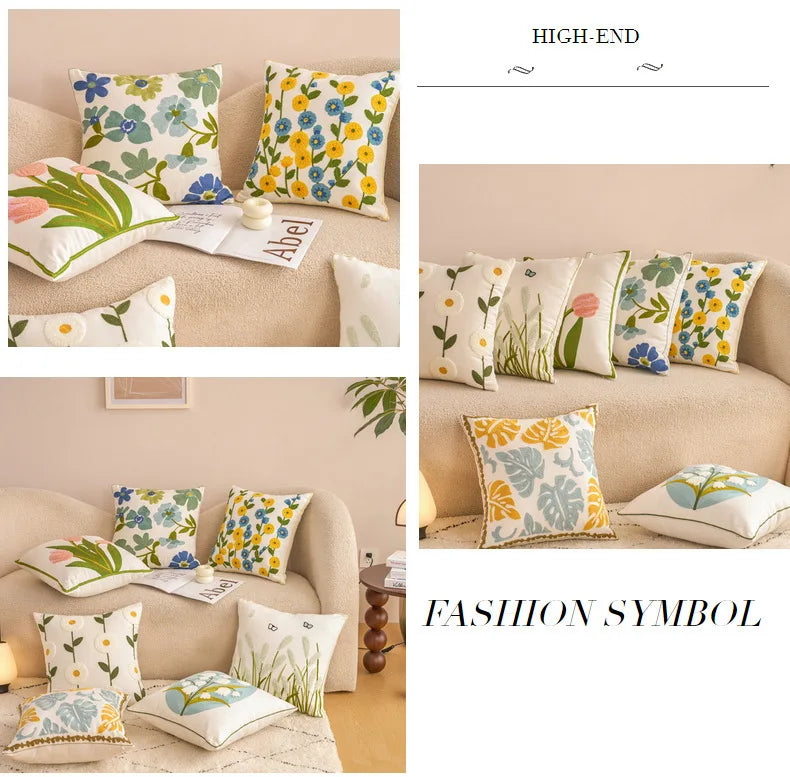 Embroidered Cotton Flower Cushion Cover For Home Sofa Bed Throw Pillowcase Living Room Decorative