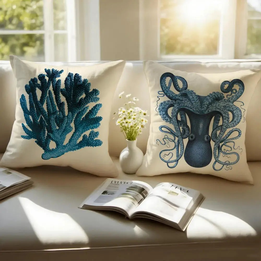 Blue Sea Creature Coral Shrimp Cushion Cover Pillowcase Anti-dustmite Invisible Zipper Short Plush Sofa Cushion