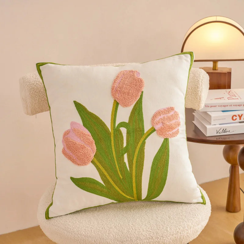 Embroidered Cotton Flower Cushion Cover For Home Sofa Bed Throw Pillowcase Living Room Decorative