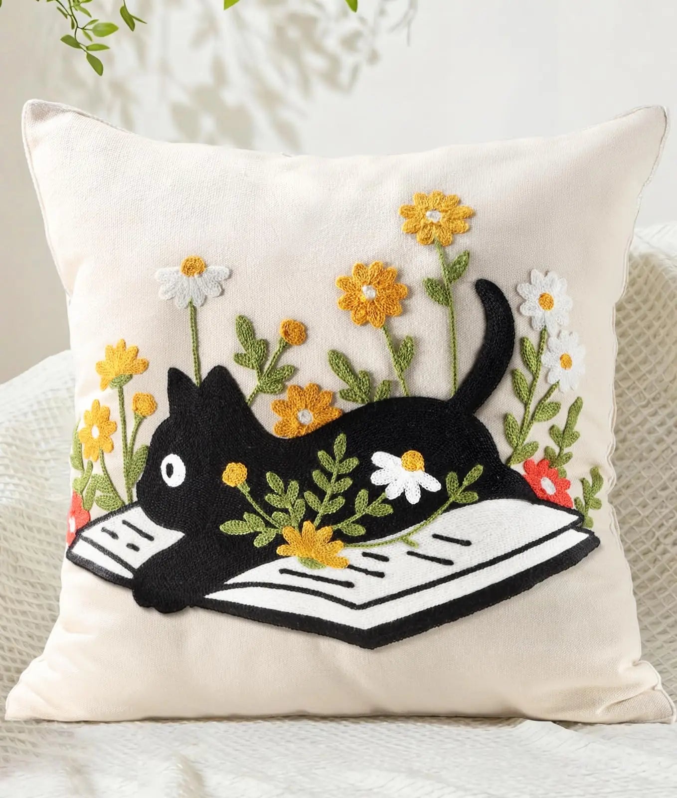 Double-Sided Pillow Cover Summer Animal Cat Floral Non-Real Embroidery Decorative Cushion Case for Couch Sofa Living Room