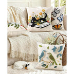 Double-Sided Pillow Cover Summer Animal Cat Floral Non-Real Embroidery Decorative Cushion Case for Couch Sofa Living Room