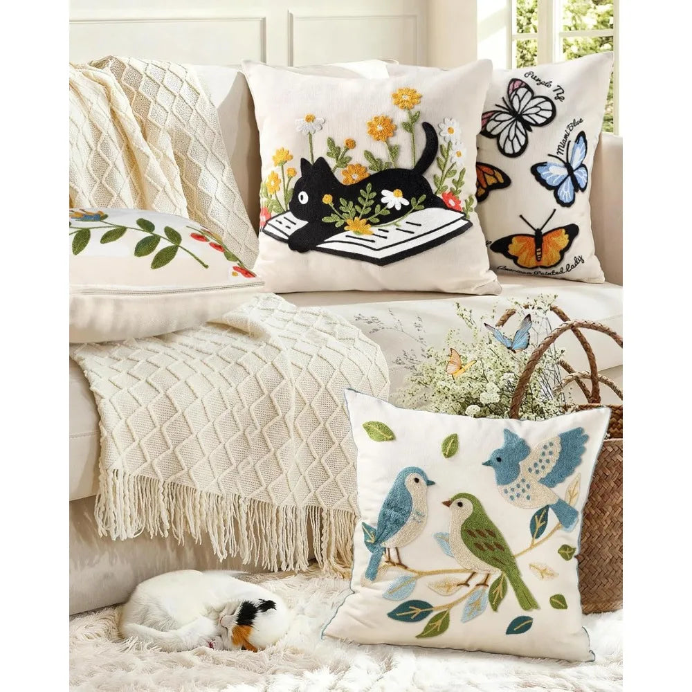 Double-Sided Pillow Cover Summer Animal Cat Floral Non-Real Embroidery Decorative Cushion Case for Couch Sofa Living Room