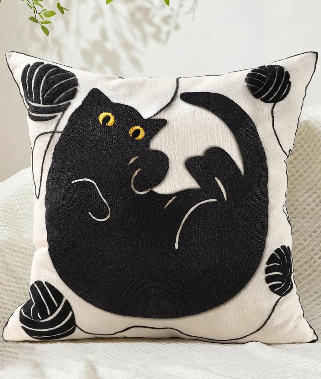 Double-Sided Pillow Cover Summer Animal Cat Floral Non-Real Embroidery Decorative Cushion Case for Couch Sofa Living Room